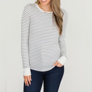Thread & Supply Striped Ribbed Long Sleeve Fitted White Navy Basic Top Small